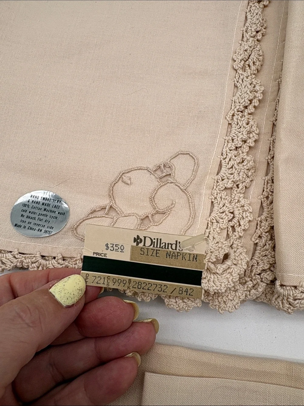 Vintage Deadstock Lot of 7 Cream Cotton Handmade Embroidery Lace Napkins 6x6